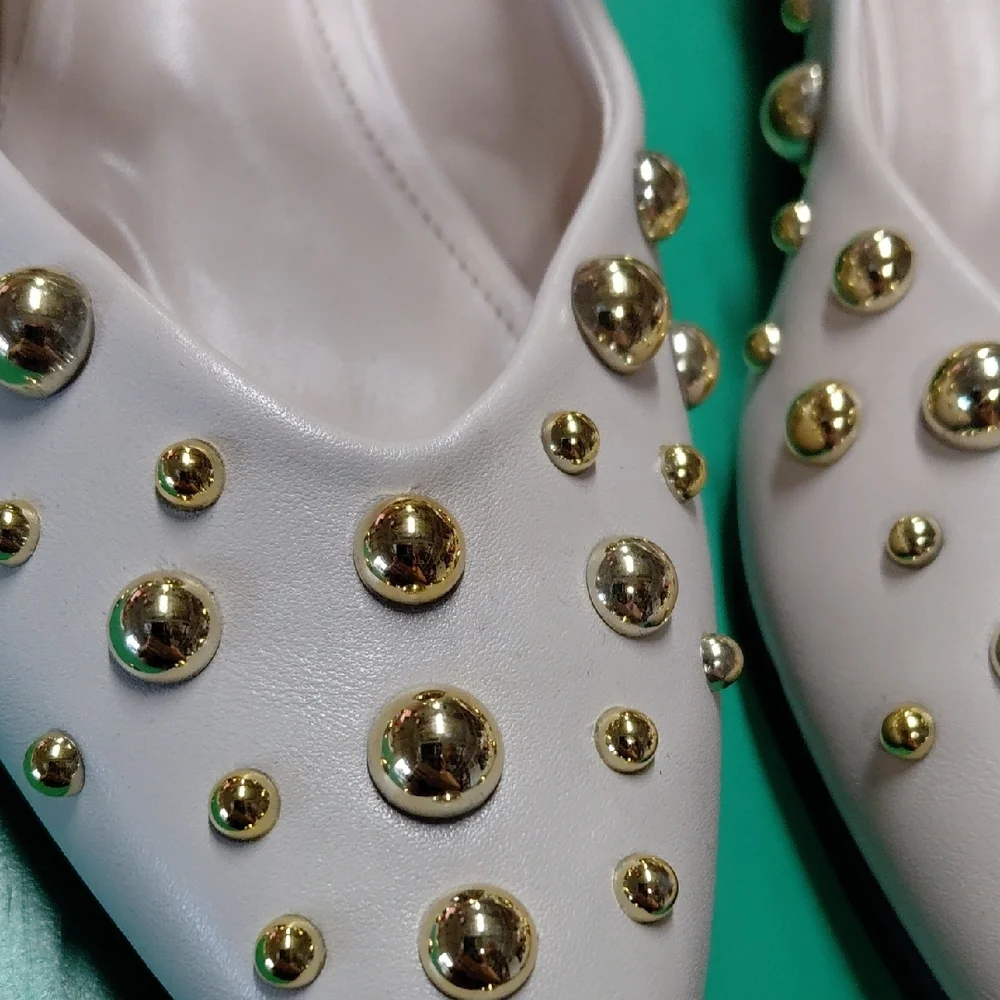 White Mary Jane Flats with Gold Stud Accents - Picture 2 of 7